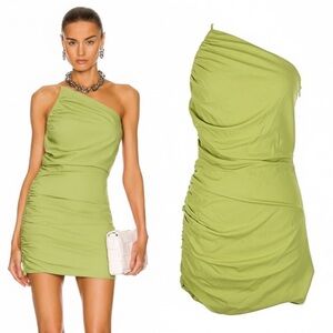 The Sei NWT One-Shoulder Gathered Ruched Mini Dress in Kiwi Green Size 2 XS